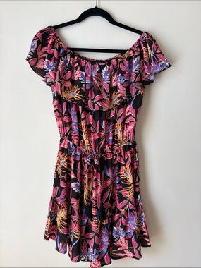 Off-Shoulder Tropical Print Romper in Black with Pink & Orange Florals